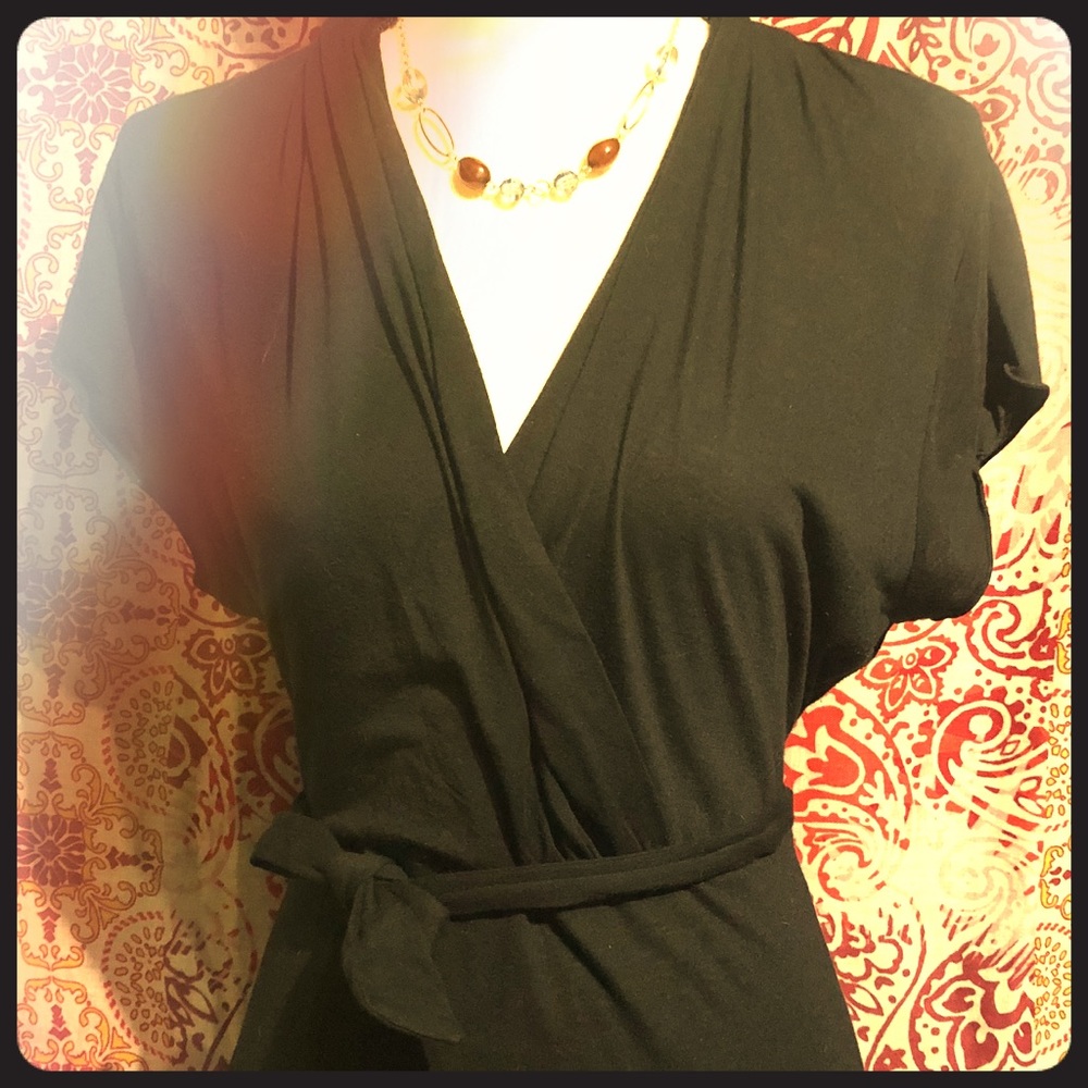 Black Nine West faux wrap shirt tie in back